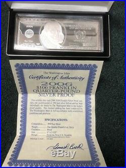 $100 Franklin 4 Oz. Silver Proof, Washington Mint 2006, Box & COA