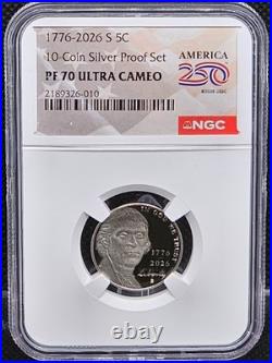 1776-2026 S Silver Proof 10 Coin Set NGC PF70 UCam 250th Label IN COLLECTOR BOX