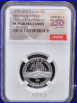 1776-2026 S Silver Proof 10 Coin Set NGC PF70 UCam 250th Label IN COLLECTOR BOX