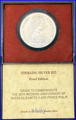 1972 Cayman Islands $25 Silver Proof QEII & Philip Anniversary Box COA-1.52 ASW