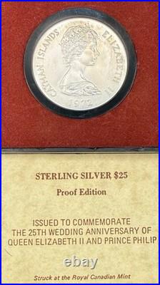 1972 Cayman Islands $25 Silver Proof QEII & Philip Anniversary Box COA-1.52 ASW