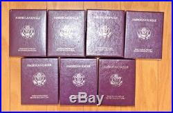 1986-1992 S Proof Silver Eagles with Original Boxes and COAs-The Legendary Seven