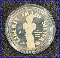 1986 MTB Liberty Trade Silver 1 Oz. 9999 Proof Mexican Mint COA Original Box