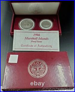 1986 Marshall Islands Silver Proof 2 Coin Set Inaugural Issue with Box and COA OGP