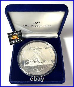 1986 Samoa $25 Kon-Tiki 5 Oz. 999 Fine Silver Proof World Coin in Original Box 1986 Samoa $25 Kon-Tiki 5 Oz. 999 Fine Silver Proof World Coin in Original Box