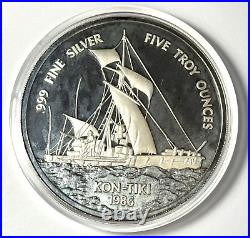 1986 Samoa $25 Kon-Tiki 5 Oz. 999 Fine Silver Proof World Coin in Original Box 1986 Samoa $25 Kon-Tiki 5 Oz. 999 Fine Silver Proof World Coin in Original Box