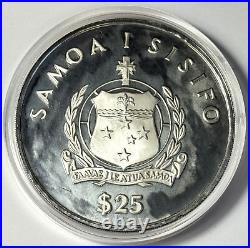 1986 Samoa $25 Kon-Tiki 5 Oz. 999 Fine Silver Proof World Coin in Original Box 1986 Samoa $25 Kon-Tiki 5 Oz. 999 Fine Silver Proof World Coin in Original Box