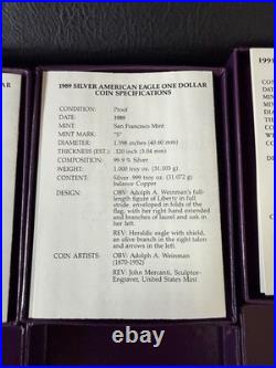 1987-1991 S U. S. MINT AMERICAN EAGLE 1oz SILVER PROOF $1 DOLLAR COIN Box/COA LOT