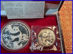 1987 CHINA 50 YUAN & 10 YUAN PANDA PROOF SET 5 OZ & 1 OZ SILVER With BOX & COA