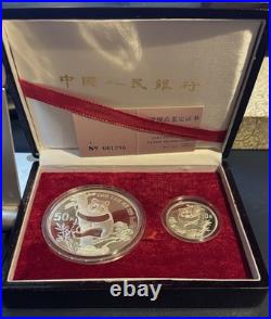 1987 China 6 Oz. Panda. 999 Silver Proof Two Coin Set withBox + COA