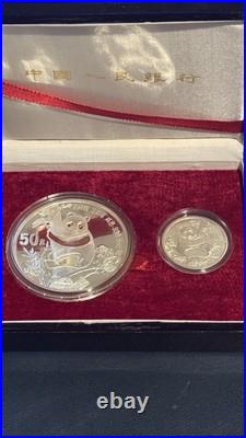 1987 China 6 Oz. Panda. 999 Silver Proof Two Coin Set withBox + COA