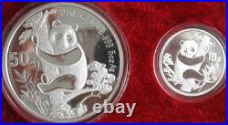 1987 China Panda Two Coin Silver Proof Set 1oz & 5oz 10 & 50 Yuan BOX+COA