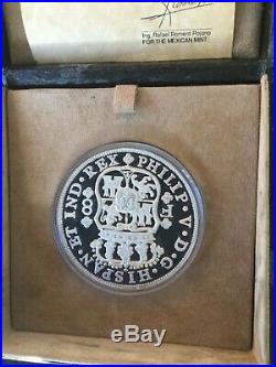 1987 Mexico Silver Medal 5 Onza Oz Dos Mundos Grande Proof 40 Reales OGP + Box