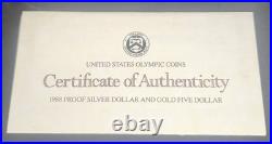 1988 Olympic 2-Coin Proof Set $5 Gold & Silver $1 Dollar! US Mint Box & COA