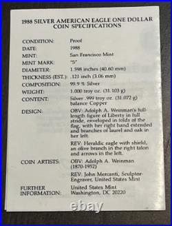 1988 S $1 Proof Silver Eagle Dollar With Box & Coa