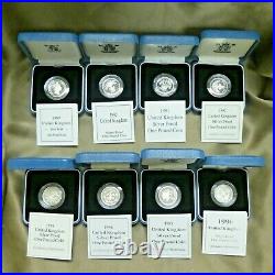 1989-1996 Great Britain UK £1 Silver 925 Proof Coin Lot of 8 with Box and COA