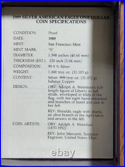 1989-S SILVER EAGLE? PROOF $1 1oz ORIGINAL U. S. MINT BOX withCOA FREE SHIPPING