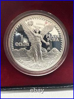 1990 Mexico Libertad Proof 1 oz Silver. 999 with Coa Box #4629
