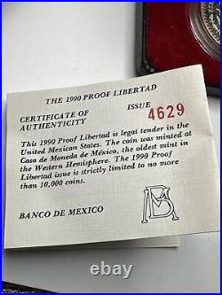 1990 Mexico Libertad Proof 1 oz Silver. 999 with Coa Box #4629