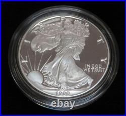 1990-S American Silver Eagle Proof 1 Ounce of Silver With Box and Coin