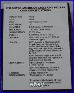 1990-S Proof American Silver Eagle Dollar $1 Box & COA US Mint Bullion OGP