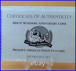 1991 Prestige Proof Set Mt. Rushmore Silver Dollar Complete with Box & COA