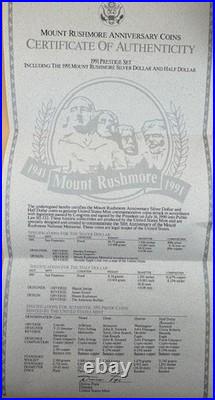 1991 Prestige Proof Set Mt. Rushmore Silver Dollar Complete with Box & COA