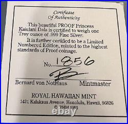 1991 Royal Hawaiian Mint Princess Dala Silver Proof BOX/ Signed COA By Bernard