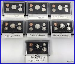 1992-1998 U. S. Mint Silver Proof Lot of 7 Black Box Sets OGP withCOA