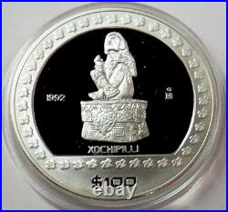 1992 MEXICO SILVER PROOF 100 PESOS XOCHIPILLI 1oz 999 FINE COIN BOX COA