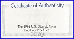 1992 S U. S. Mint Olympic Coins 2-Coin Silver Proof Set With Box & COA
