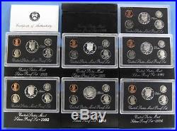 1992-S thru 1998-S Complete Silver Proof Set Collection with Boxes & COA's
