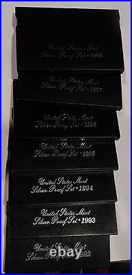 1992 through 1998 set of 7 SILVER PROOF SETS COMPLETE RUN ALL ORIGINAL BOX COA