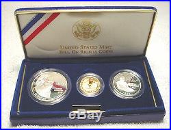 1993 Bill of Rights 3 Coin Proof Set, with Gold and Silver, by US Mint In Box, COA