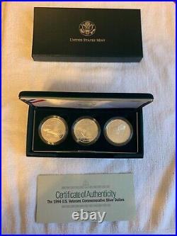 1994 3 Coin Vetrans Silver Proof Set Vietnam, Pow, Women In Military, W Box Coa