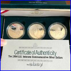 1994-P US Veterans Proof Silver Dollar 3 piece set with box and COA