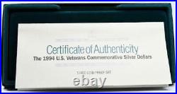 1994 P U. S. Veterans Commemorative Proof Silver Dollar Box & COA. 3 Coins Set