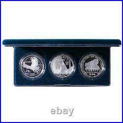 1994 P Us Veterans Commemorative 3-coin Silver Dollar Proof Setbox And Coa Incl