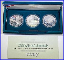1994 US Veterans 3 Coin Silver Dollar Proof Commemorative Set Box & COA