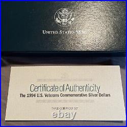 1994 US Veterans 3 Coin Three Silver Dollar Commemorative Proof Set OGP Box COA