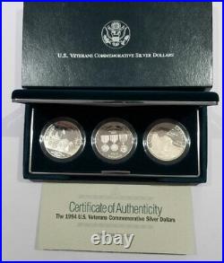 1994 US Veterans Silver Dollar 3 Coin PROOF Set with Box and COA