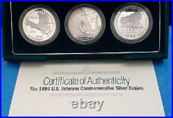 1994 U. S. Veterans 3-coin Proof Silver Dollar Commems. Box/coa