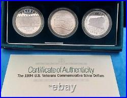 1994 U. S. Veterans 3-coin Proof Silver Dollar Commems. Box/coa But No Sleeve