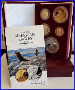 1995-W 5 COIN PROOF AMERICAN EAGLES 10TH ANNIVERSARY SET With BOX & COA