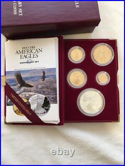 1995 W 5 piece 10th Anniversary Proof Gold and Silver Eagle Set with Box and Pap