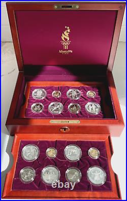 1996 Atlanta Olympic Silver and Gold 16 Proof Coin Set Orig Wood Box & Papers