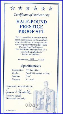 1996 HALF POUND PRESTIGE PROOF SET-EACH COIN 8 OZ 999 SILVER WithWOODEN BOX/COA'S