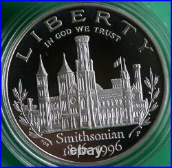 1996 P Smithsonian Institution Silver Proof One Dollar Coin Box and COA