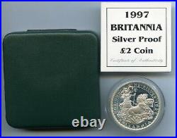 1997 Great Britain Britannia 1 Oz Silver Proof 2 Pounds Coin Box & COA JM655