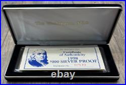 1998 $100 Quarter Pound. 999 Silver Proof Bar in Display Box with COA